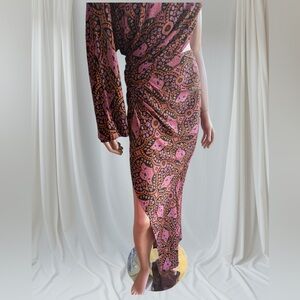 Jen's Pirate Booty Dress one shoulder maxi Pink Orange black retro  XS S NWT